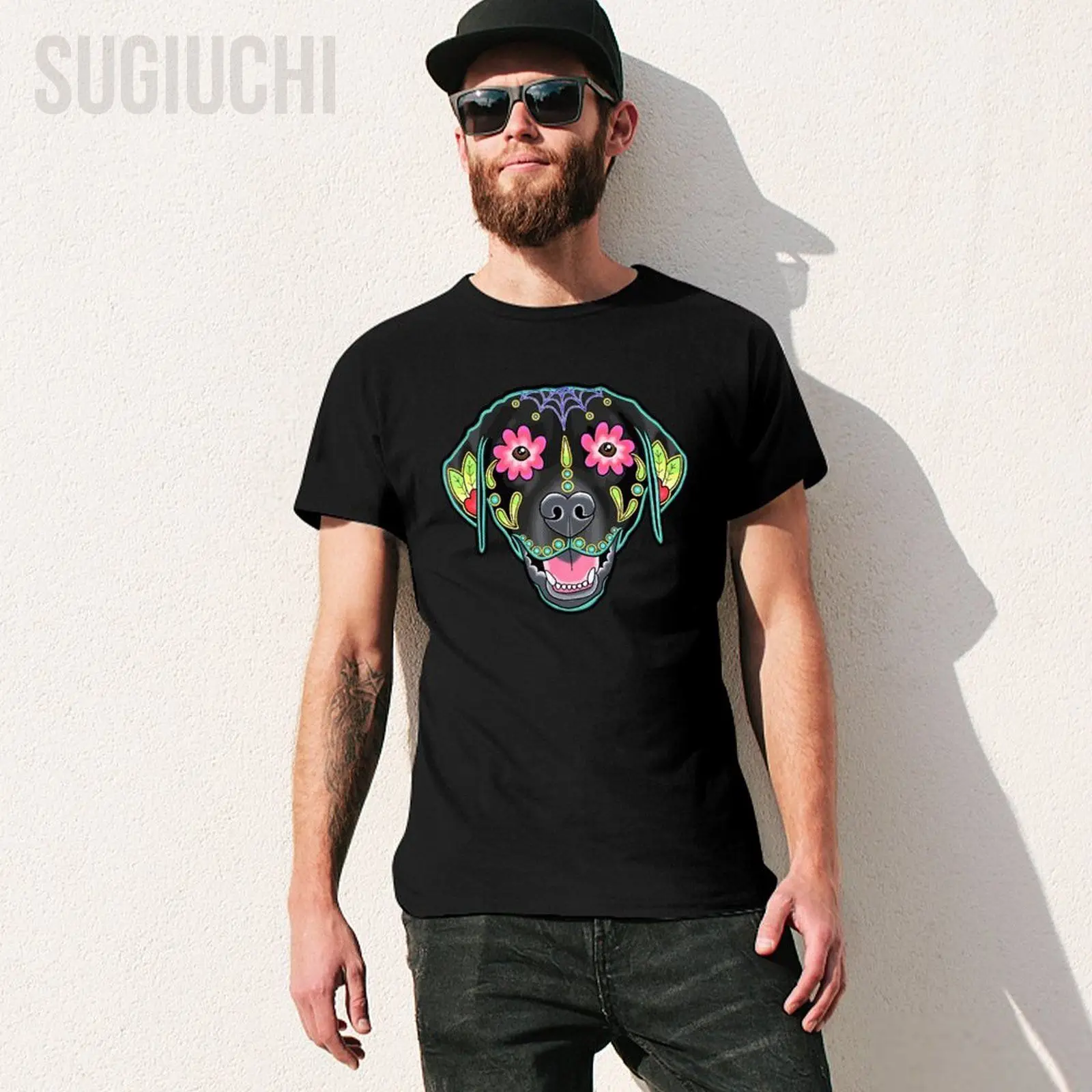Men Black Labrador Retriever Day of The Dead Sugar Skull Lab Tshirt Tees O-neck T Shirts Women Boys Cotton Short T-Shirt Unisex