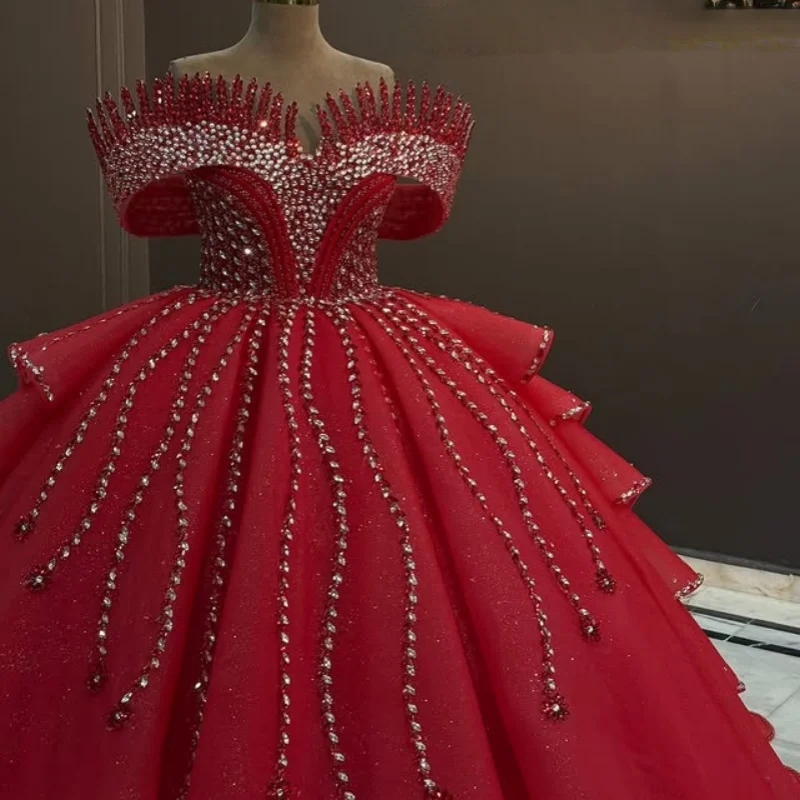 

Red Quinceanera Dress off-shoulder crystal Lace layering ruffle crystal glitter decal vestidos de 15 Quinceanera ﻿Customized