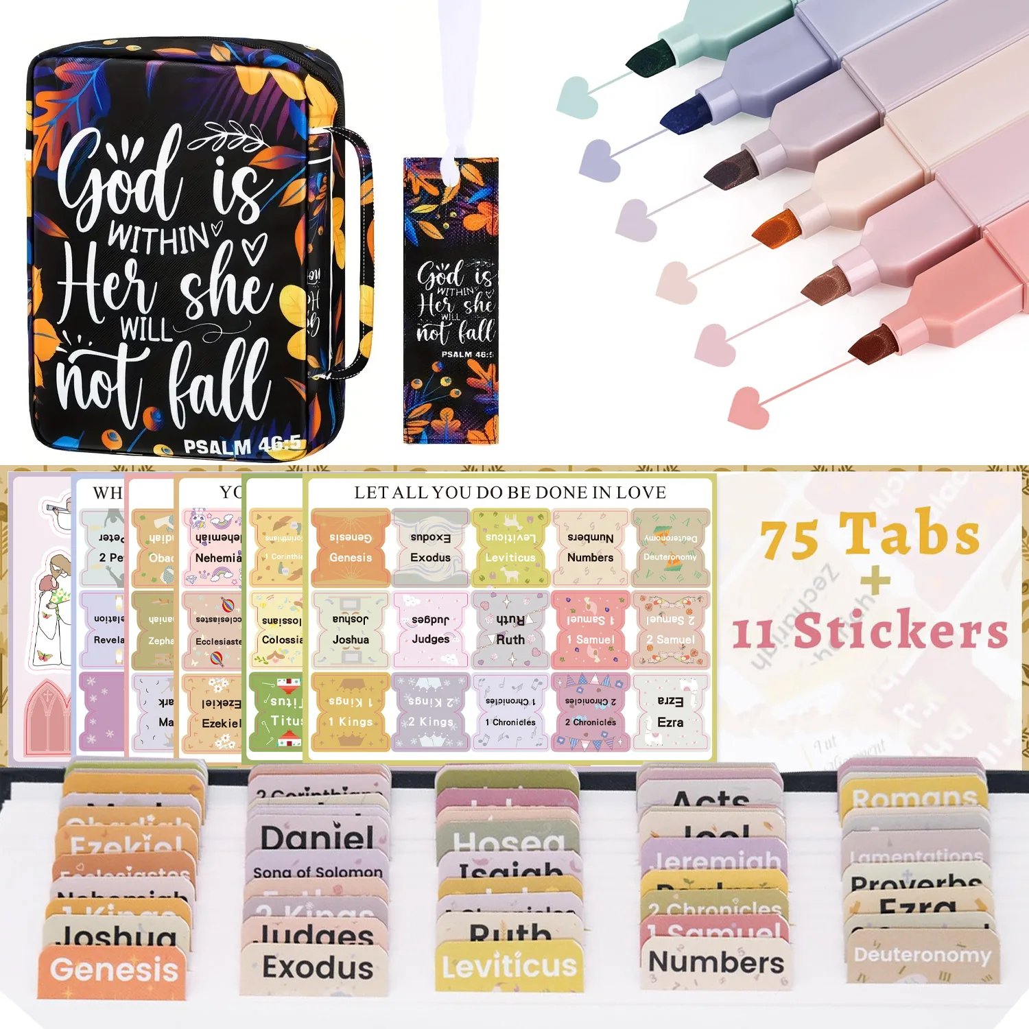 

10-Inch Floral Bible Cover & Carrying Case with 6 Pens, 75 Unique Stickers, Zippered Pocket & Bookmark – Portable Study Bag