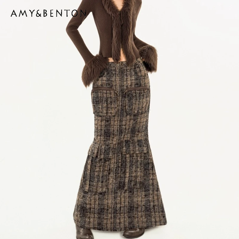 

Original Design Retro Y2k Plaid Women's Workwear Skirt 2025 Autumn Winter New Sweet Cool Sexy Mid-Length Mermaid Skirts Ladies