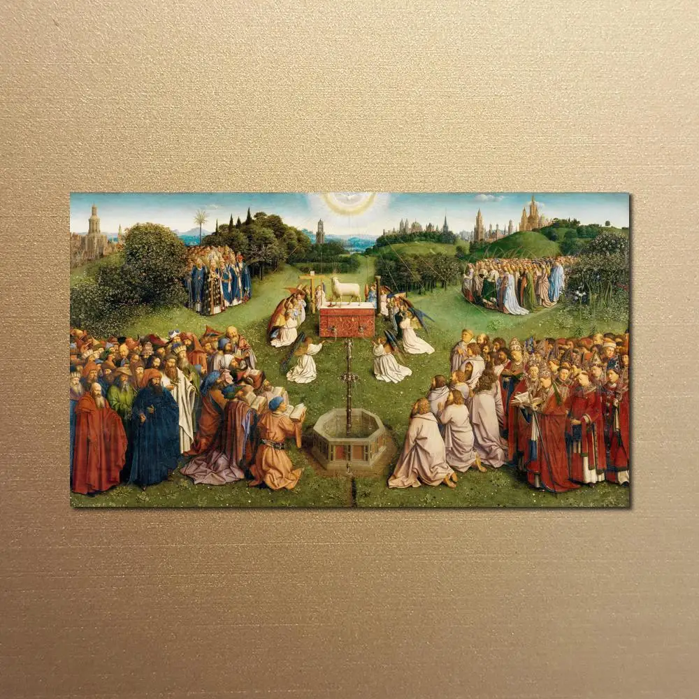 

Christian Canvas Wall Art Prints Adoration of the Mystic Lamb Greeting Jan van Eyck Painting Posters Dining Room Decor Large