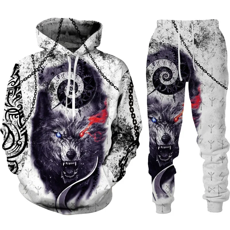 Conjunto de ropa deportiva con capucha para hombre, chándal de manga larga con estampado de lobo de guerra de animales en 3D, Primavera