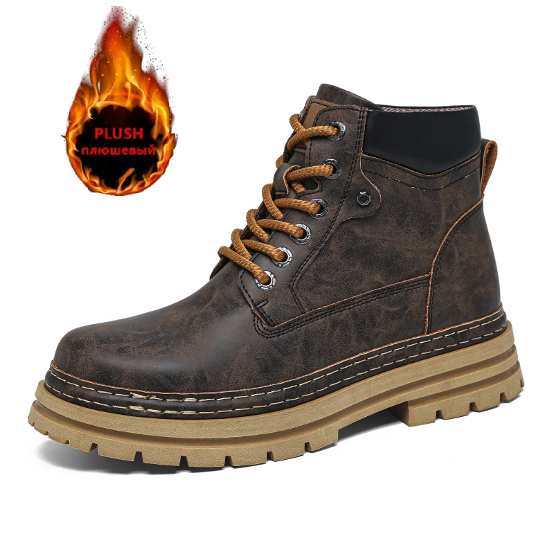 

Men Winter Snow Boots Fashion Leather Warm Plush Men's Boots Outdoor High Top Motorcycle Boots Luxury Men Ankle Work Boots