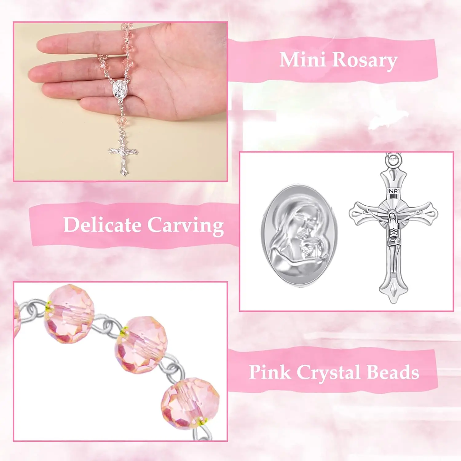 10–60 Stück Tauf-Rosenkranz, katholische Mini-Rosenkränze, Taufgeschenke für Gäste, Partygeschenke, Rosenkranz, Perlen, Organzabeutel – Detail 3