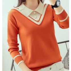 Doll Collar Pullover Sweater Women 2024 Autumn Winter New Spliced Button Fashion Slim Loose Minimalist Long Sleeved Knitted Top