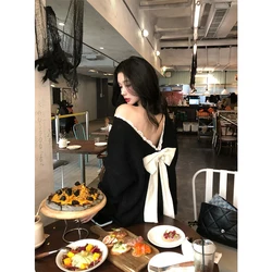 MEXZT Elegant Bow Sweater Women Sexy V Neck Oversized Knitted Pullovers Aesthetic Lace Knitwear Korean Long Sleeve Jumpers New
