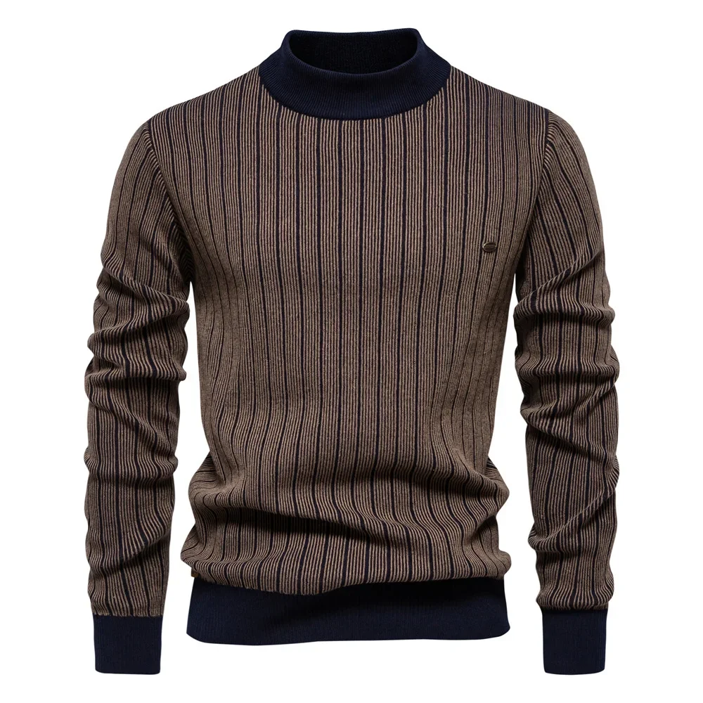 Autumn Winter Mens Sweater Half High Collar Casual Warm Slim Fit Knitwear High Quality Fashion Male Stripe Pullover Men Clothing