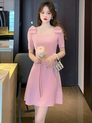 Summer Pink Bow Square Collar Sexy Club Mini Dress Women Fashion Elegant Party Dress 2024 Korean Bodycon Casual Evening Vestidos