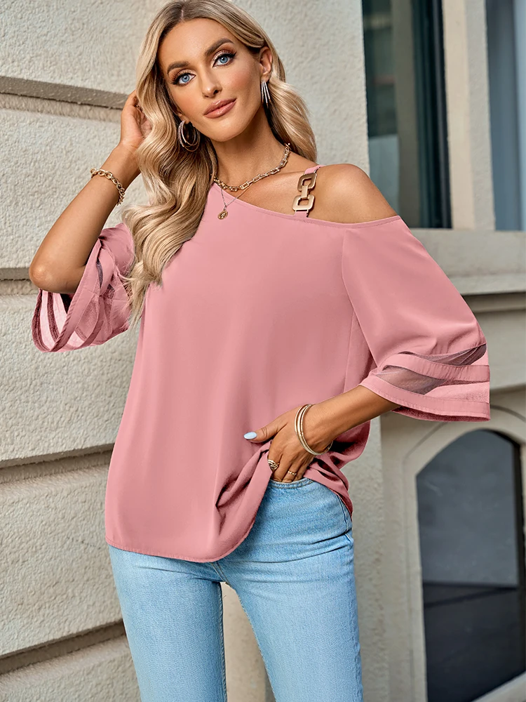 Imagem -04 - Blusas Elegantes de Fivela de um Ombro para Mulheres Camisas Femininas Curtas Manga Pura Tops Casuais Soltos Roupas Sensuais para Senhoras Moda 2023