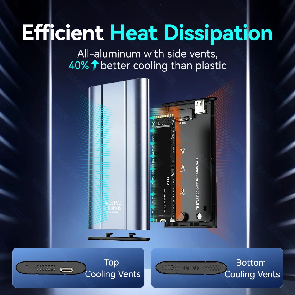 RAGEER RGB M.2 NVMe SSD Enclosure, USB 3.2 10Gbps Adapter Aluminum Alloy Mobile Solid State Disk Case Support 4TB Capacity