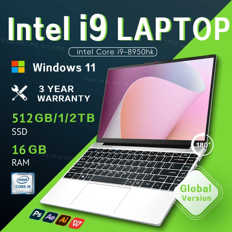 

14,1-дюймовый ноутбук с Windows 11, Intel Core i9-8950hk, 16 ГБ ОЗУ, 1/2 ТБ, M.2 SSD, ноутбуки, игровой ноутбук 4K HD