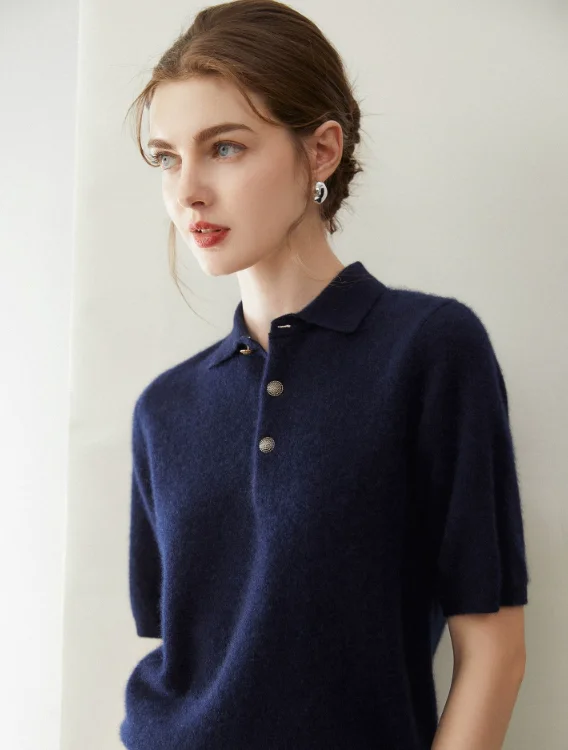 POLO neck soft waxy 100% pure cashmere sweater women's short sleeve T-shirt knitted vest autumn and winter bottoming sweater