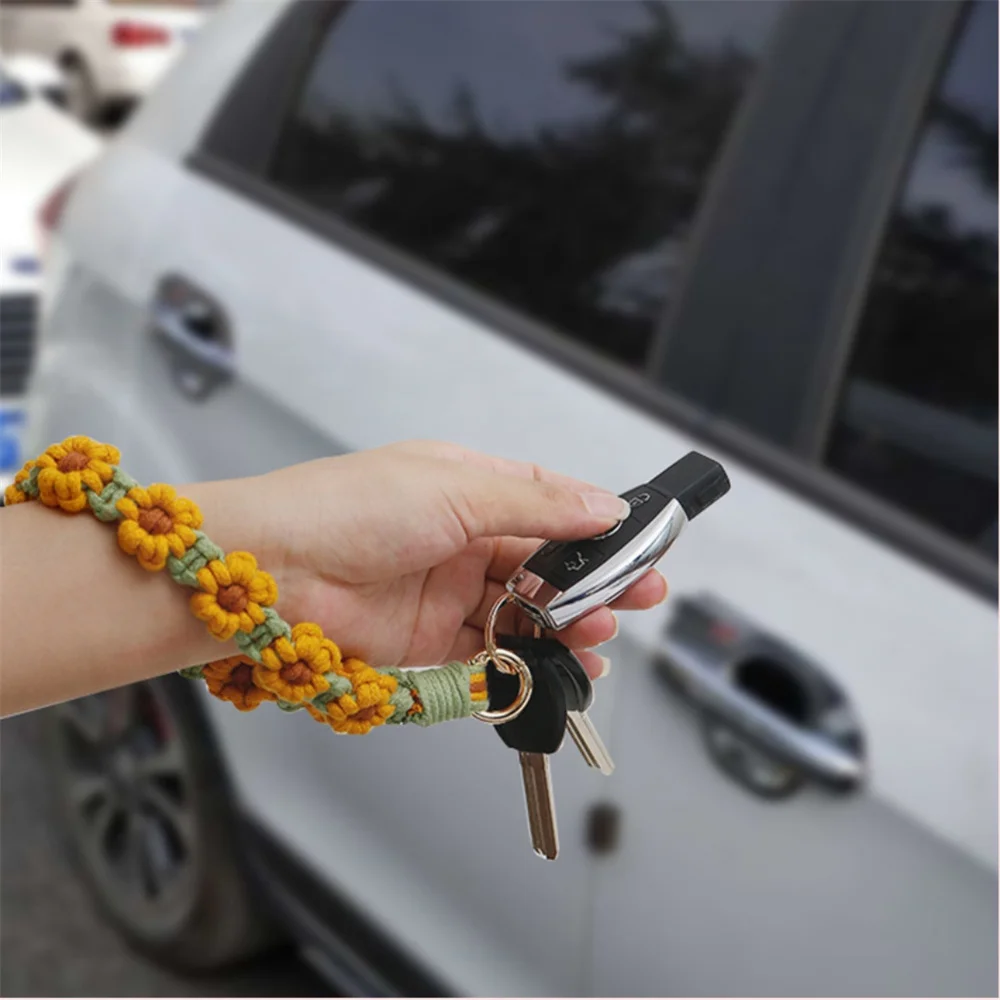 الكروشيه زهرة الأقحوان الحبل مكافحة خسر شريط للرسغ للهاتف النساء الفتيات اليدوية الحياكة حقيبة المعلقات المفاتيح الهدايا