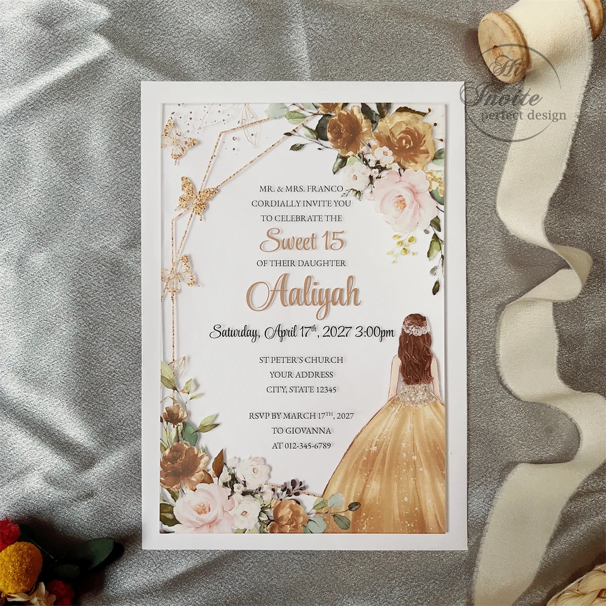 

Gold Princess&Butterfly Sweet 15 Acrylic Invitation, Gorgeous Quinceañera Geometry Acrylic Invite, Mis XV Anos Card