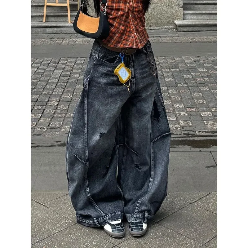 American Street Hip Hop Black Wash Machete Jeans Women Y2K Retro Old Ripped Loose Spice Girls Harajuku Casual Wide Leg Jeans