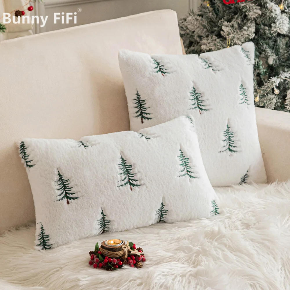Christmas Tree Embroidery Cushion Covers Soft Plush Throw Pillow Covers Decorative Winter Holiday Decor for Sofa Living Room