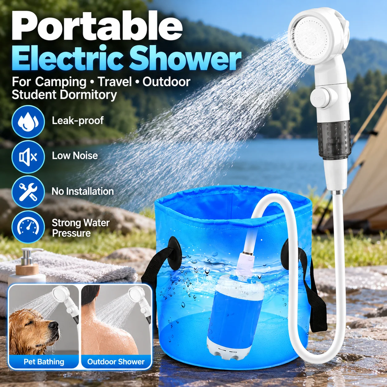 Ducha eléctrica portátil para acampar, bomba de ducha de 4000 mAh, ducha eléctrica recargable mejorada, bajo nivel de ruido, sistema de prevención de fugas, dispositivo de ducha portátil con cabezal de ducha que aumenta la presión, ideal para acampar al aire libre, ducha inteligente con pantalla digital, no requiere electricidad, perfecta para viajes y acampadas.