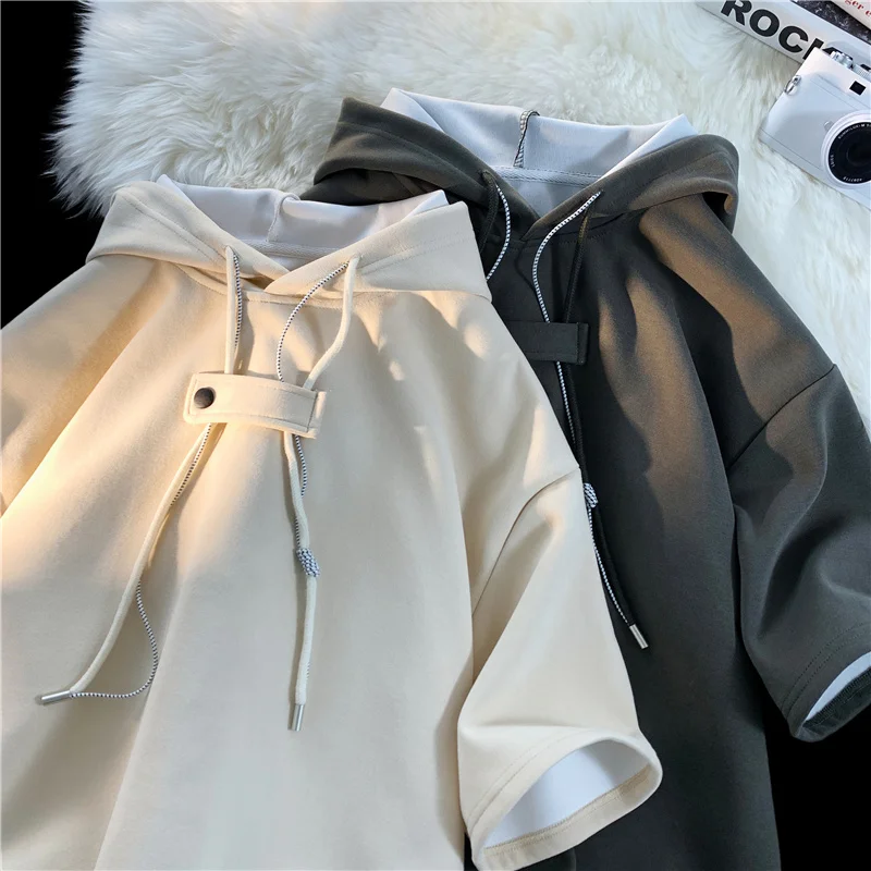 

Новая летняя футболка с капюшоном, мужские однотонные футболки с короткими рукавами Y2K, уличная футболка большого размера, винтажная модная толстовка с капюшоном, топы