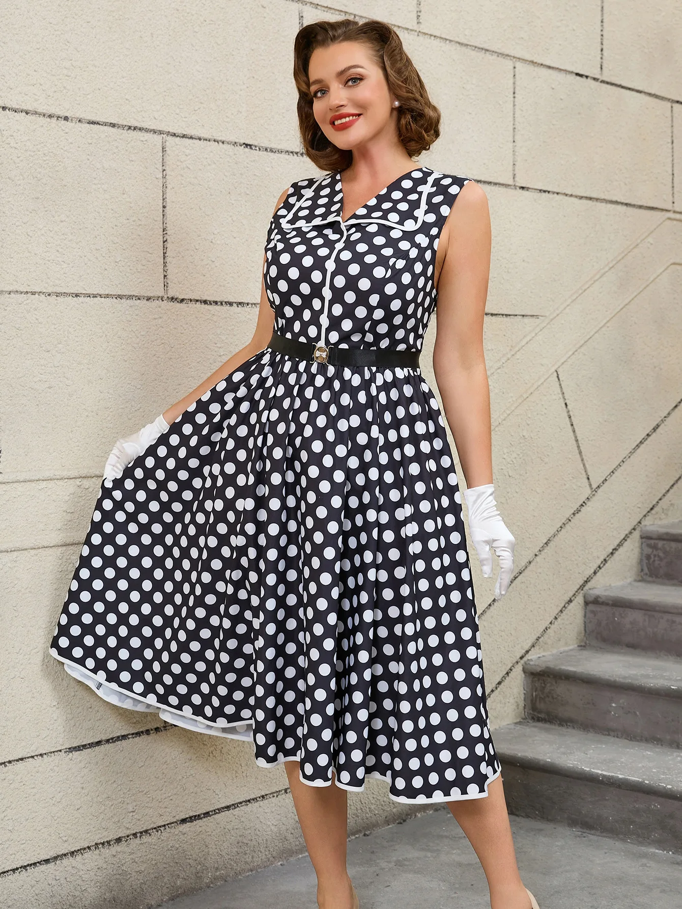 

plus Size Lapel Black Polka Dot Dress Slimming A-Line Sleeveless Fashion Dress New 2025