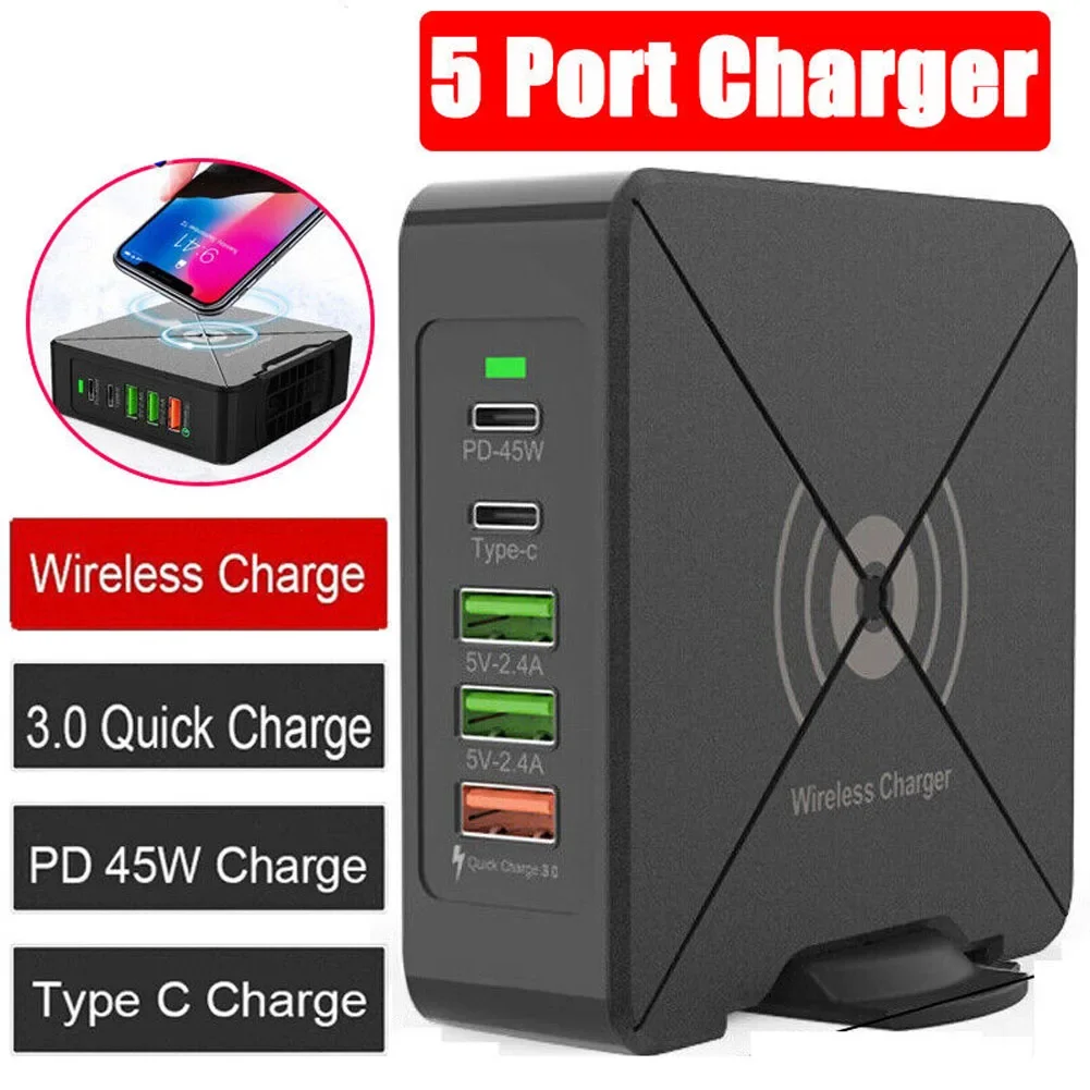 Car Charger 75W 5 Port Multi USB C PD Charger Quick Charge QC3.0 Type C Fast Charging Travel Power Adapter