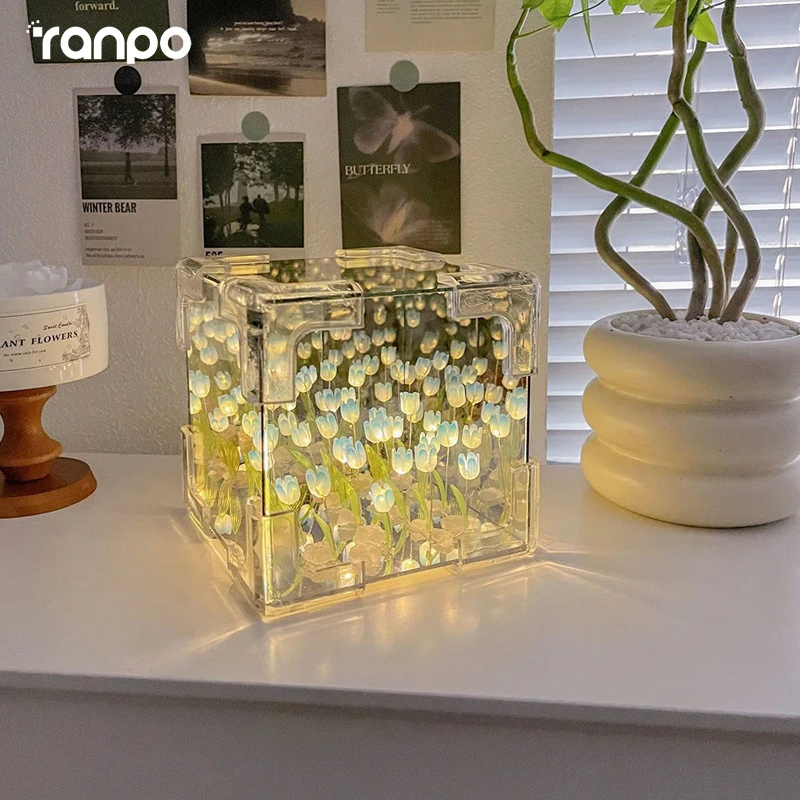 Diy Tulip 꽃 해양 재료 포장 꽃 모양 20/30 꽃 수제 배터리 침대 옆 분홍색 친구 램프 유리 스탠드 선물