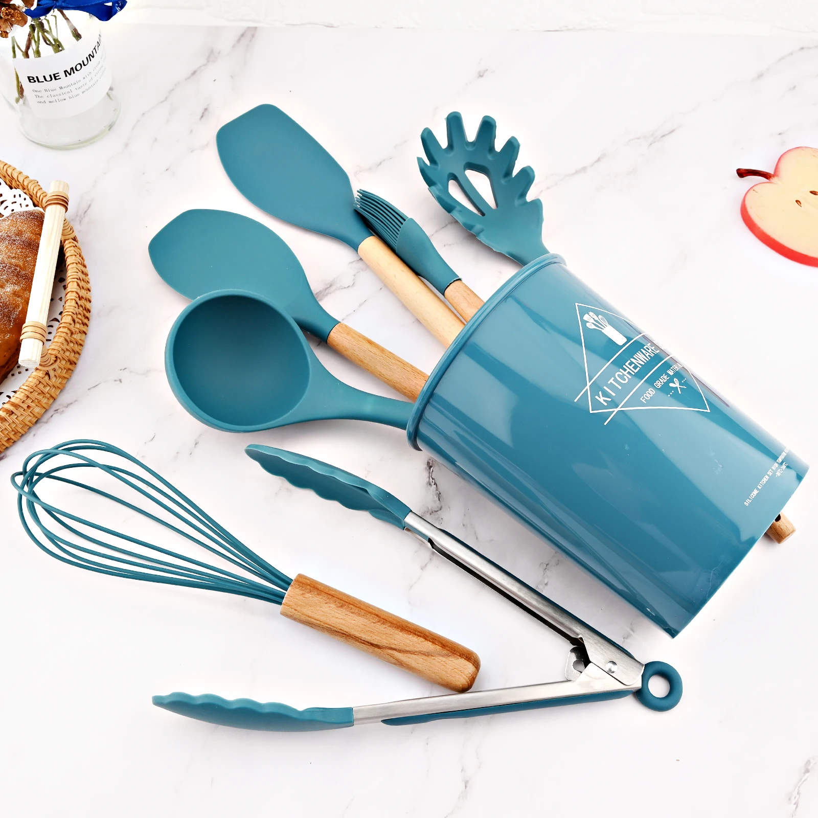 Blue Silicone Kitchenware Cooking Utensils Heat Resistant Kitchen Non-Stick Cookware Spatula Spoon Baking Tools with Hook