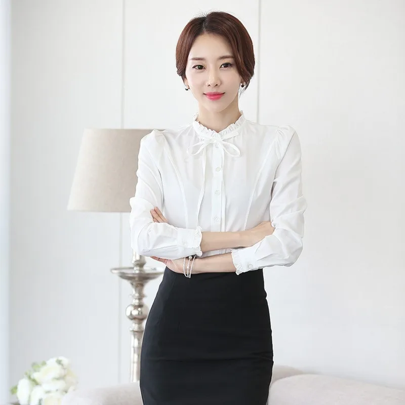 Fashion Korean White Blouse Women Blusas Stand Neck Chiffon Shirts Long Sleeve Bow Blouses Vintage Elegant Femme Tops NS5578