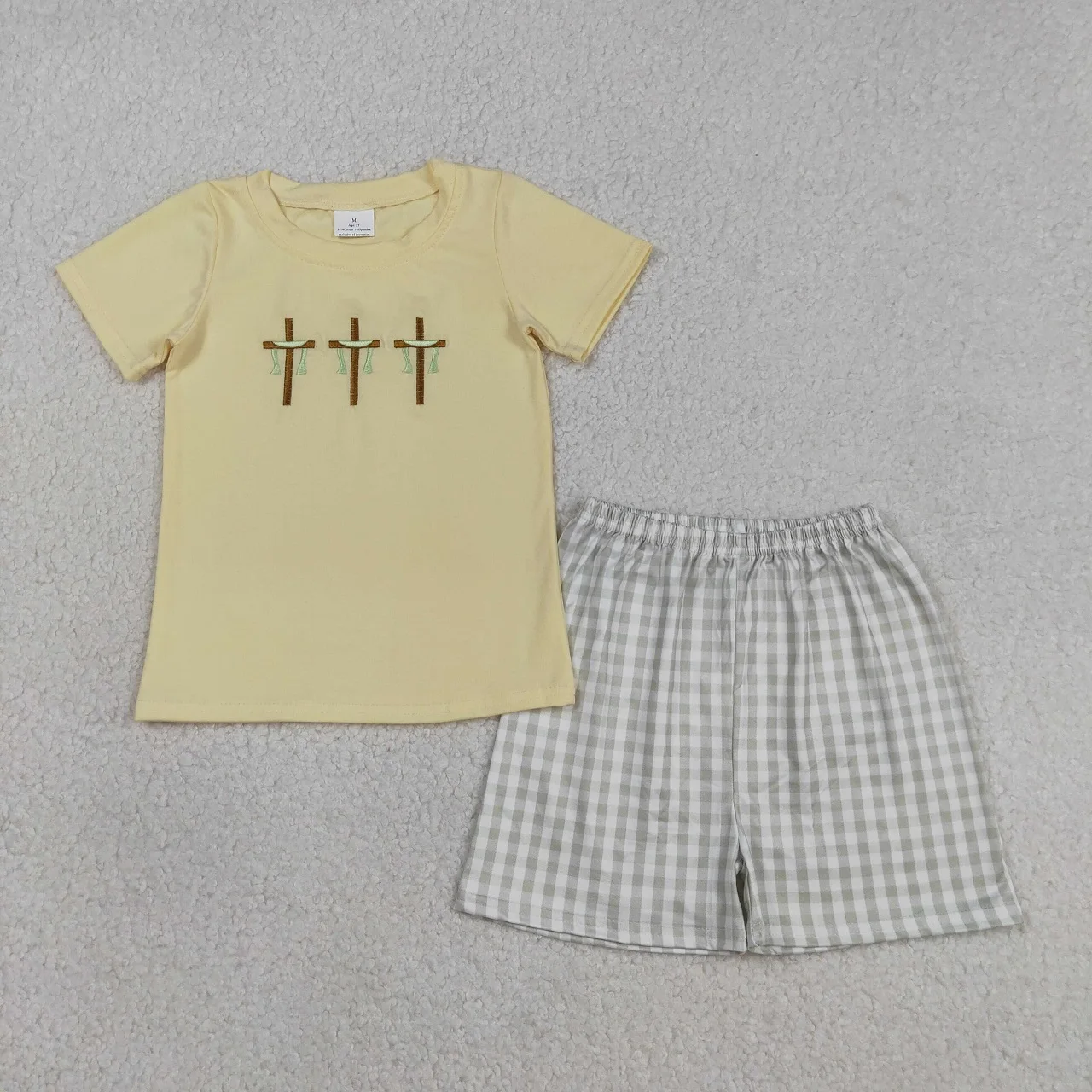 

Оптовый комплект для мальчиков: пасхальный наряд с вышивкой, детский костюм, желтая хлопковая рубашка с коротким рукавом и шорты в клетку для малышей
