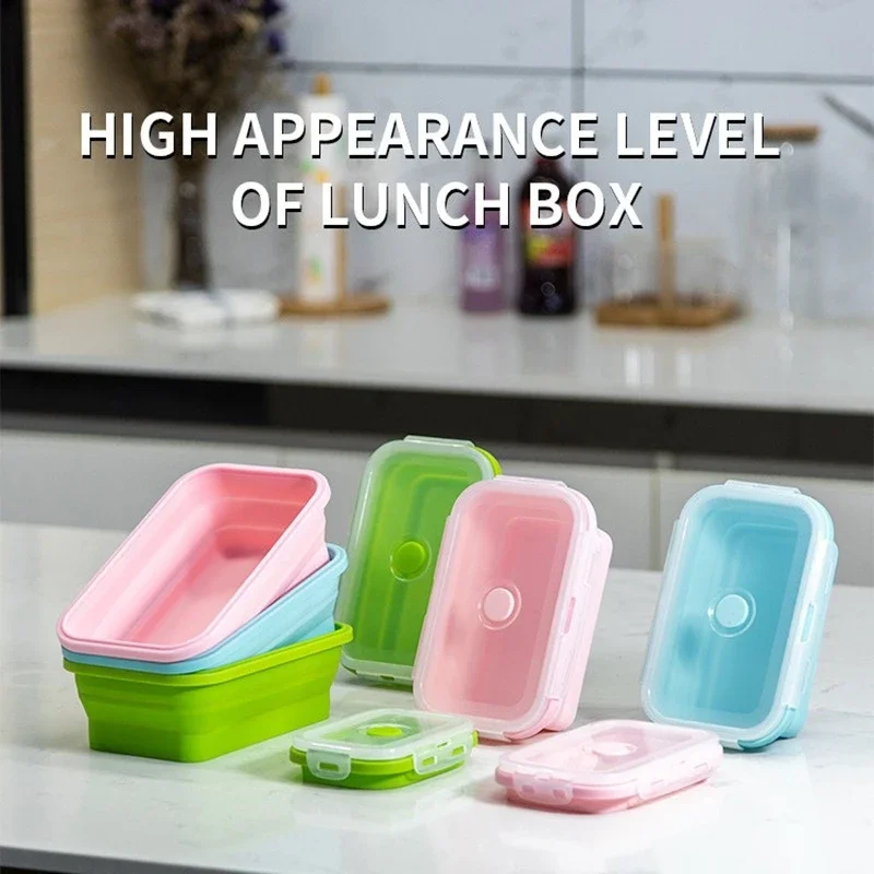 4Pcs Silicone Lunch Box Collapsible Rectangle Bento Box Portable Salad Fruit Food Container Home Kitchen Outdoor Food Storage