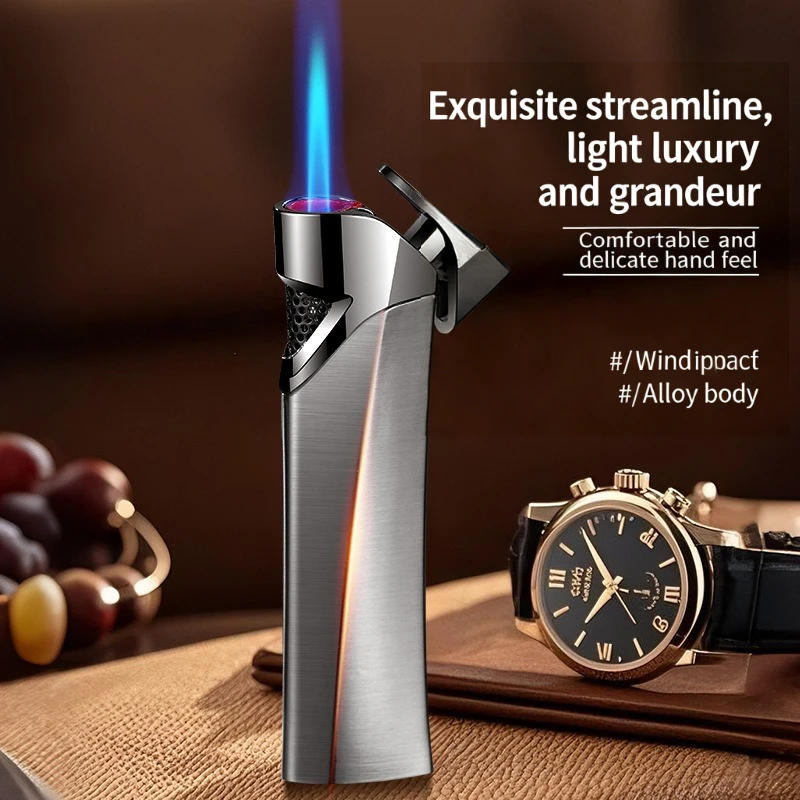 Slim Luxury Metal Jet Lighter Windproof Blue Flame Sleek Streamline Design, Refillable Butane Premium Portable Cigarette Lighter