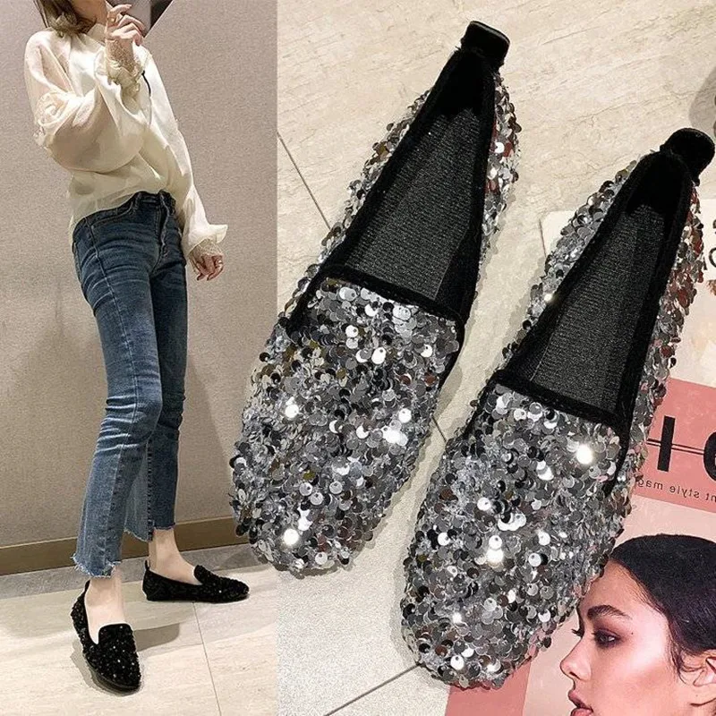 

New Spring Autumn Women Flat Shoes 2024 Korean Style Girls Bling Sequins Single Shoes Female Soft Bottom Casual Shoes 35-40