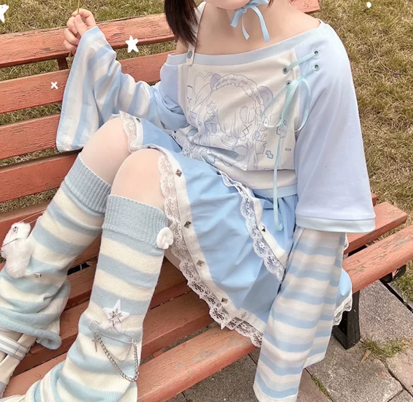 Spring New Cute Sweet Women Irregular Off-shoulder Long Sleeve Print Top Fashion Loose Japanese Versatile Blue Youthful T-shirt