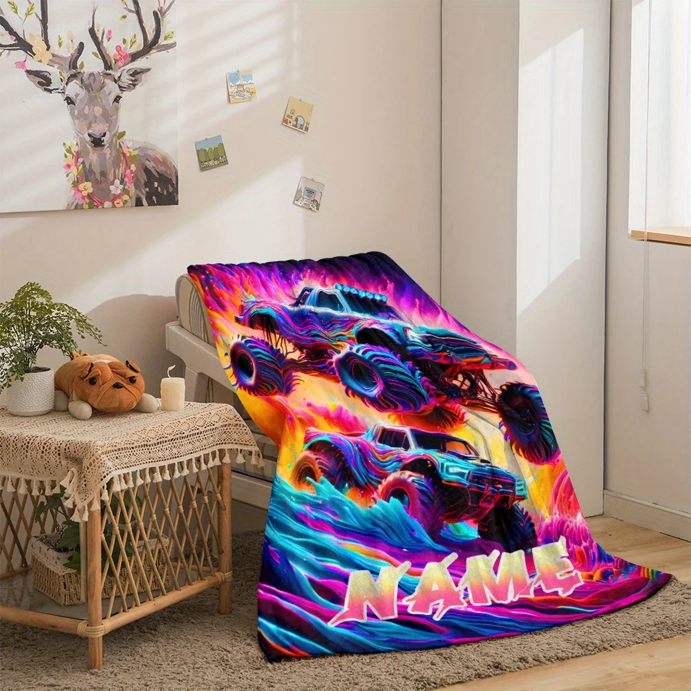 Custom name monster truck flannel blanket, soft blanket, suitable for sofa, bed, birthday, children, friends, gifts