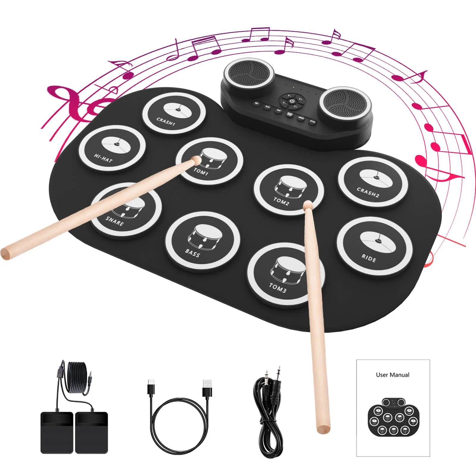 

Электронная ударная установка, 9 тренировочных пэдов с разъемом для наушников, складной пэд-тренажер со встроенным динамиком, педали для ударных, барабанные палочки