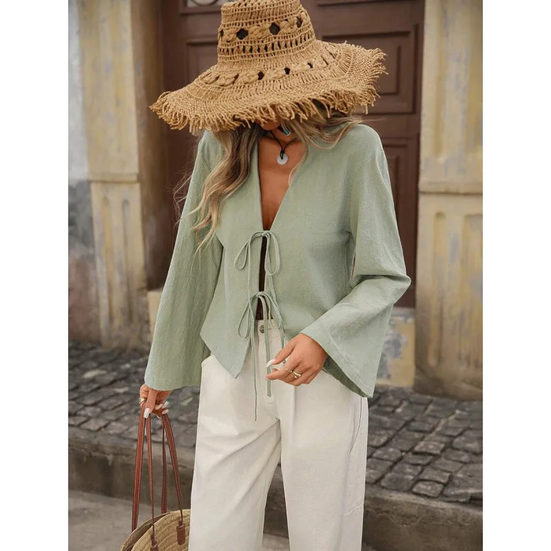 

Tiefront Long Sleeve Women's Open Cardigan Y 74885 Sve Shirt Flounce Sleeve Elastic Waist Easy Care Fashion Spring 2026