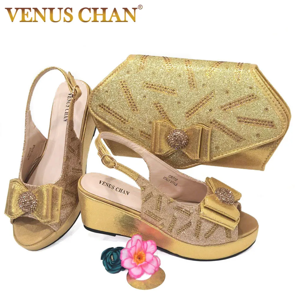 

African Hot Selling Wedge Heel Thick Sole Women's Sandals Fashion Party Summer Rhinestone High Heels Ladies Shoes and Bag Set