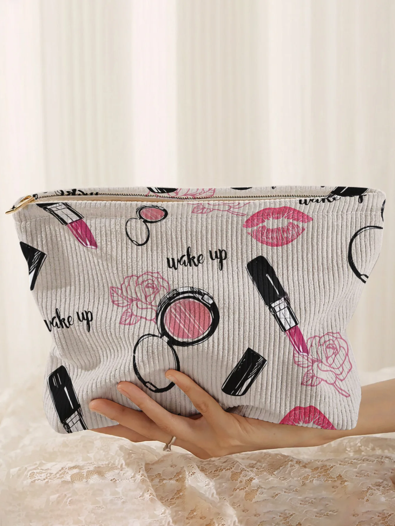 Pochette de maquillage en velours côtelé imprimé lèvres, légère, avec fermeture éclair, multifonctionnelle et doublée