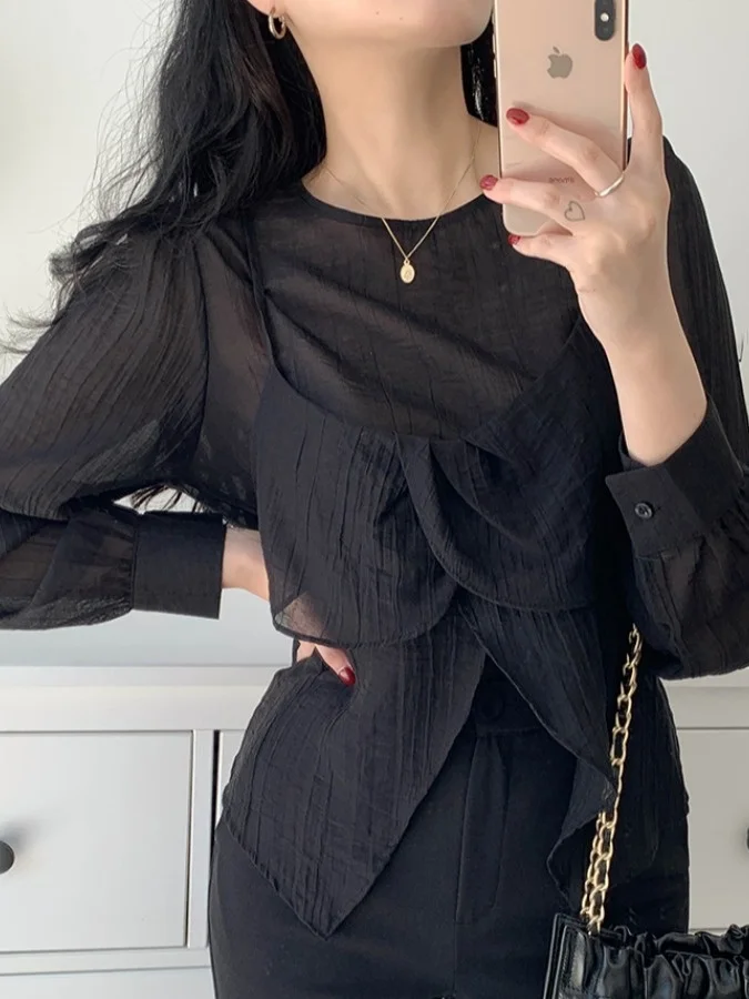 

Ele Women's Long Sve round Ne Chiffon irt with Petal Tank Top Two-Piece Set Autumn Faion Casual Loose Fit