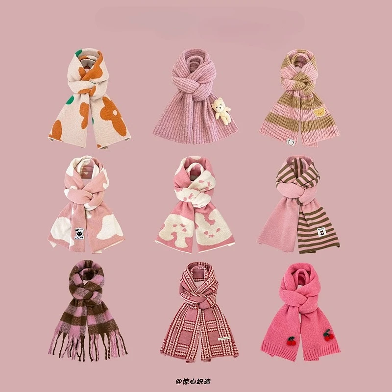 

Japanese Fresh Dopamine Powder Rabbit Scarf Female Winter Warm Fashion Versatile Student Striped Plaid Bear Knitted Scarf Women