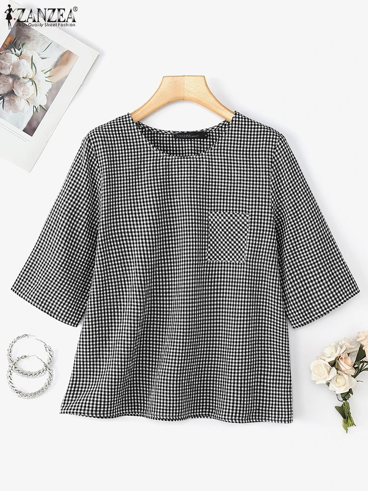 

Vintage Checked Print Shirt Women Summer Blouse ZANZEA Stylish Half Sleeve Autumn Shirts Tops Casual O Neck Blusas Mujer Femme