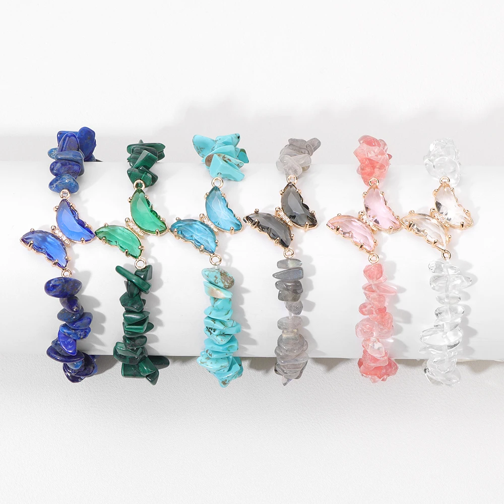Natural Stone Crystal Butterfly Bracelet Irregular Lapis Lazuli Malachite Gravel Chip Beads Stretch Bracelets For Women Men