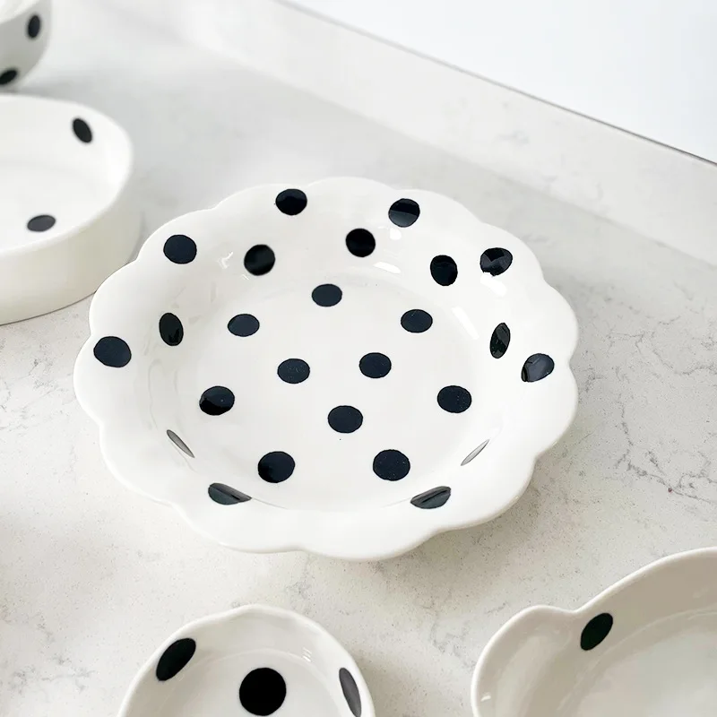 Polka Dot Ceramic Plate, Noodle Bowl, Black and White Heart Lace Salver, Household Food Binaural Tray, Dessert Spoon, Tableware