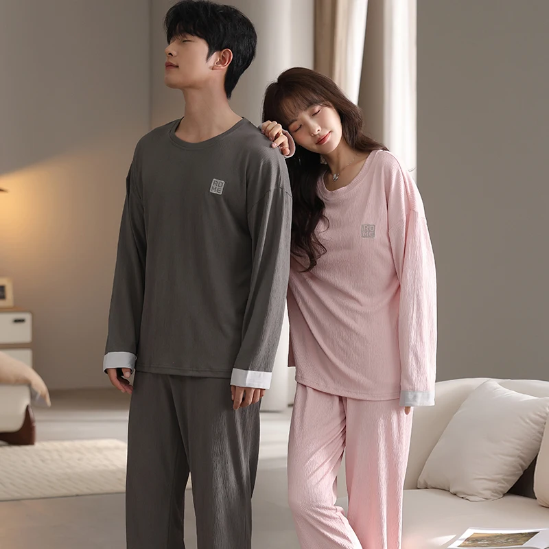 Couple Nightwear Suit Spring Sweet Cute Long Sleeve Pajamas For Male Female Solid Color Homewear Men M-4XL Cotton Pijamas Mujer