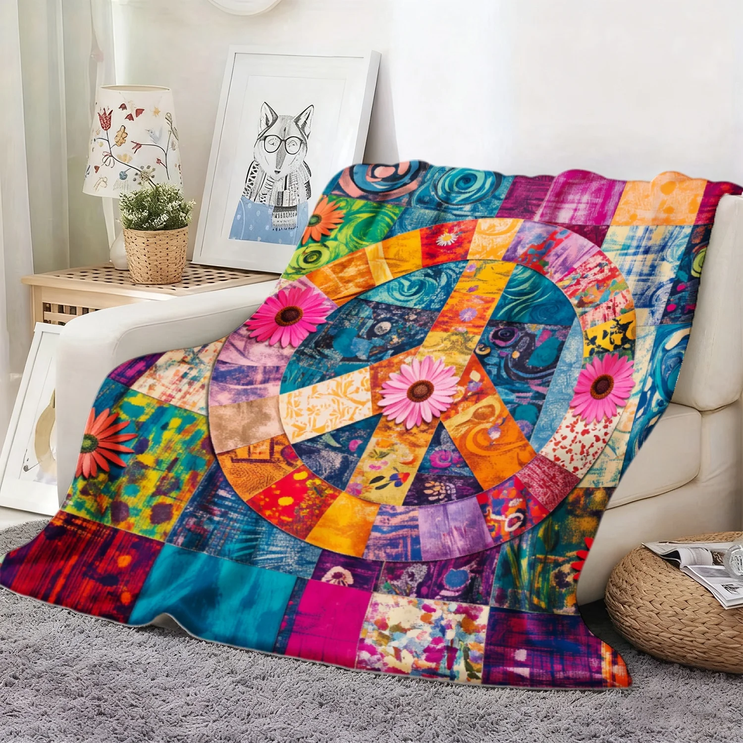1Pc JOOCAR Colorful Patchwork Peace Sign Flannel Blanket Soft Bedspread With Multicolor Squares ( Base), - Couch Bed Car Office