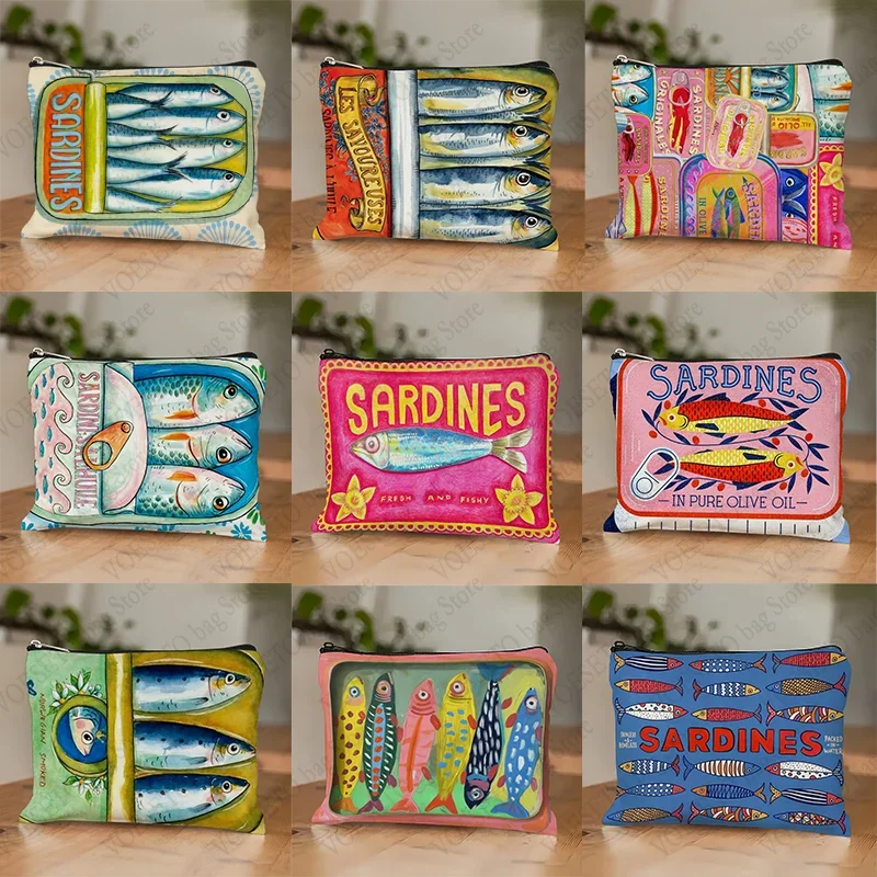Borsa per cosmetici sardina gourmet, portafoglio realistico di pesce all'olio d'oliva, borsa per il trucco per le donne Astuccio per accessori a tema alimentare per acquerello