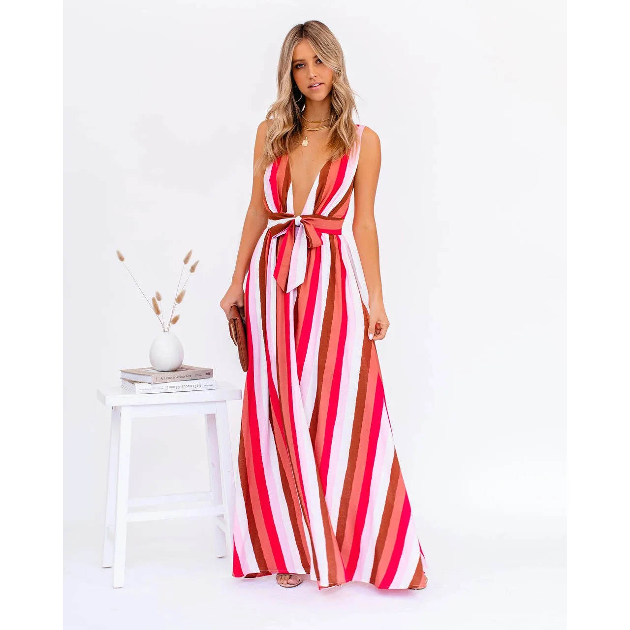 Mulheres nova sexy cinta sem mangas profunda v listra vestido casual casa solta rendas grande balanço vestido