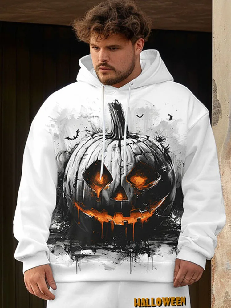 Biggmans Halloween Pumpkin Print Plus Size Outfit Casual Men Hoodie Long Pants Party Suit Club Male Letter Trouser Two Piece Set