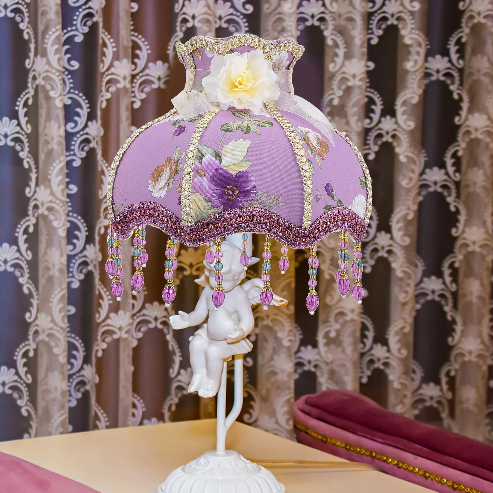 

Lamp Shade For Desk Lamp Romantic Lace Cloth E27 Base Indoor Light Cover Replacement French Style Decor Floral Design