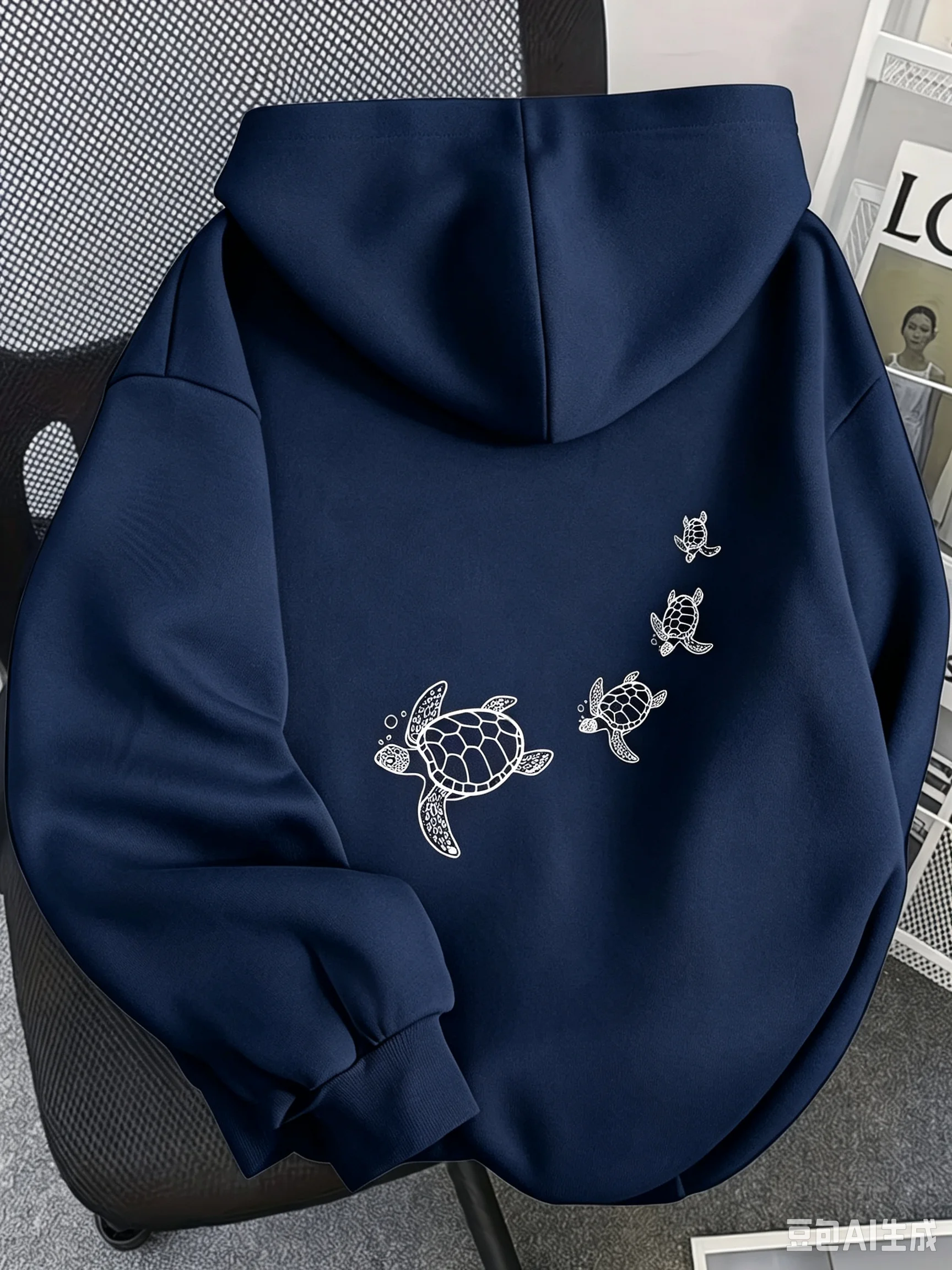 Large and Small Sea Turtle Patterned Hooded Sweatshirt for Autumn/Winter Daily Outfit - Men's Outdoor Loose Warmth-Added Sweater