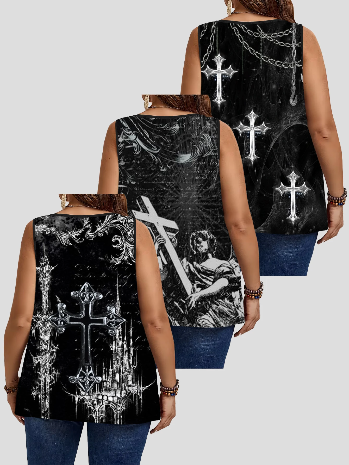 3-Piece Set of Plus-Size Women's Gothic Cross Chain Castle Art Print Tank Tops, Round Neck Loose Sleeveless Tops